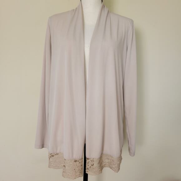 Susan Graver L Beige Cardigan Long Sleeve Open Front Lace Stretch Sweater - Picture 2 of 16